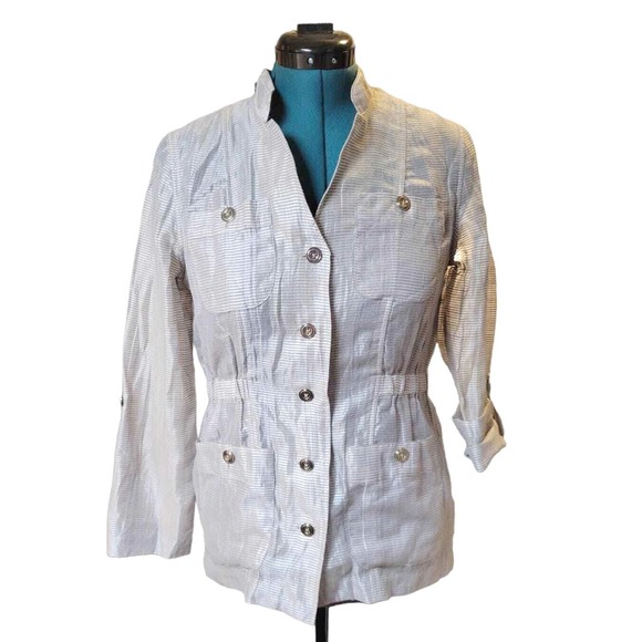 Chico's Jackets & Blazers - Chicos Metallic Striped Linen Blend Utility Jacket Silver Tan Size 0 Small